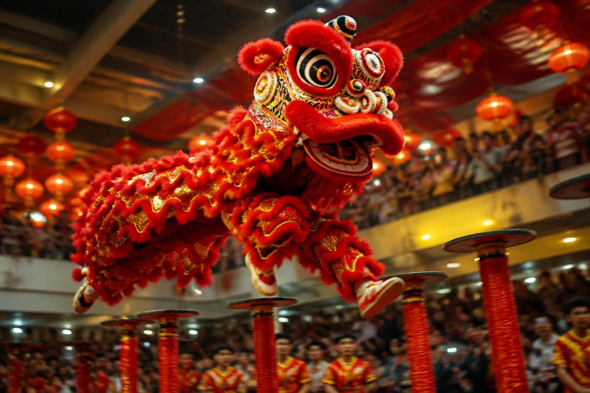 Traditional Chinese lion dance performance by the school lion dance team